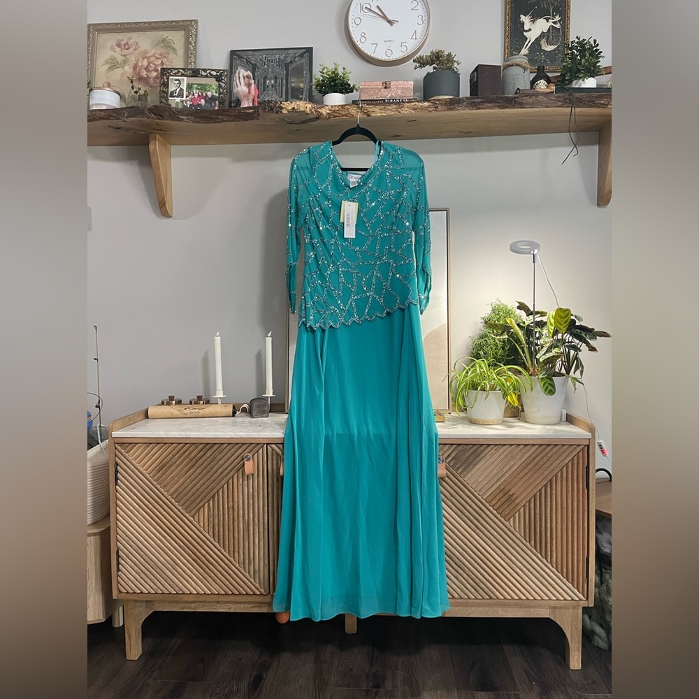 NWT J Kara Teal Long Sleeve Beaded Dress